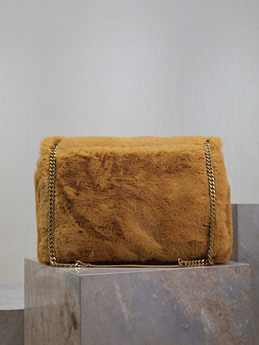 Luxury Saint Laurent NIKI 47 IN CINNAMON BROWN RABBIT FUR GOLD HARDWARE