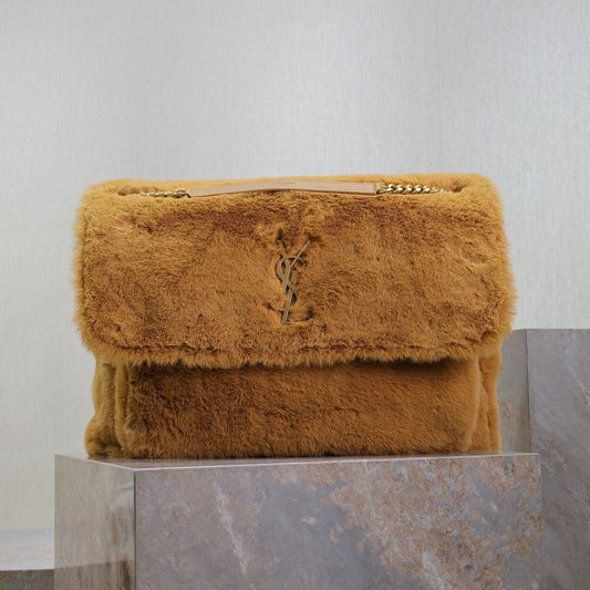 Luxury Saint Laurent NIKI 47 IN CINNAMON BROWN RABBIT FUR GOLD HARDWARE
