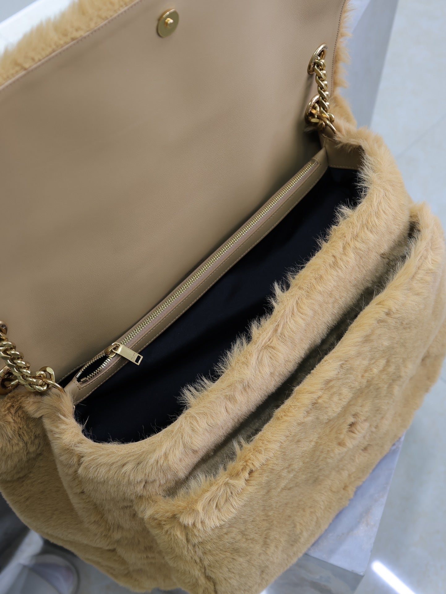 Luxury Saint Laurent NIKI 47 IN CINNAMON BROWN RABBIT FUR GOLD HARDWARE