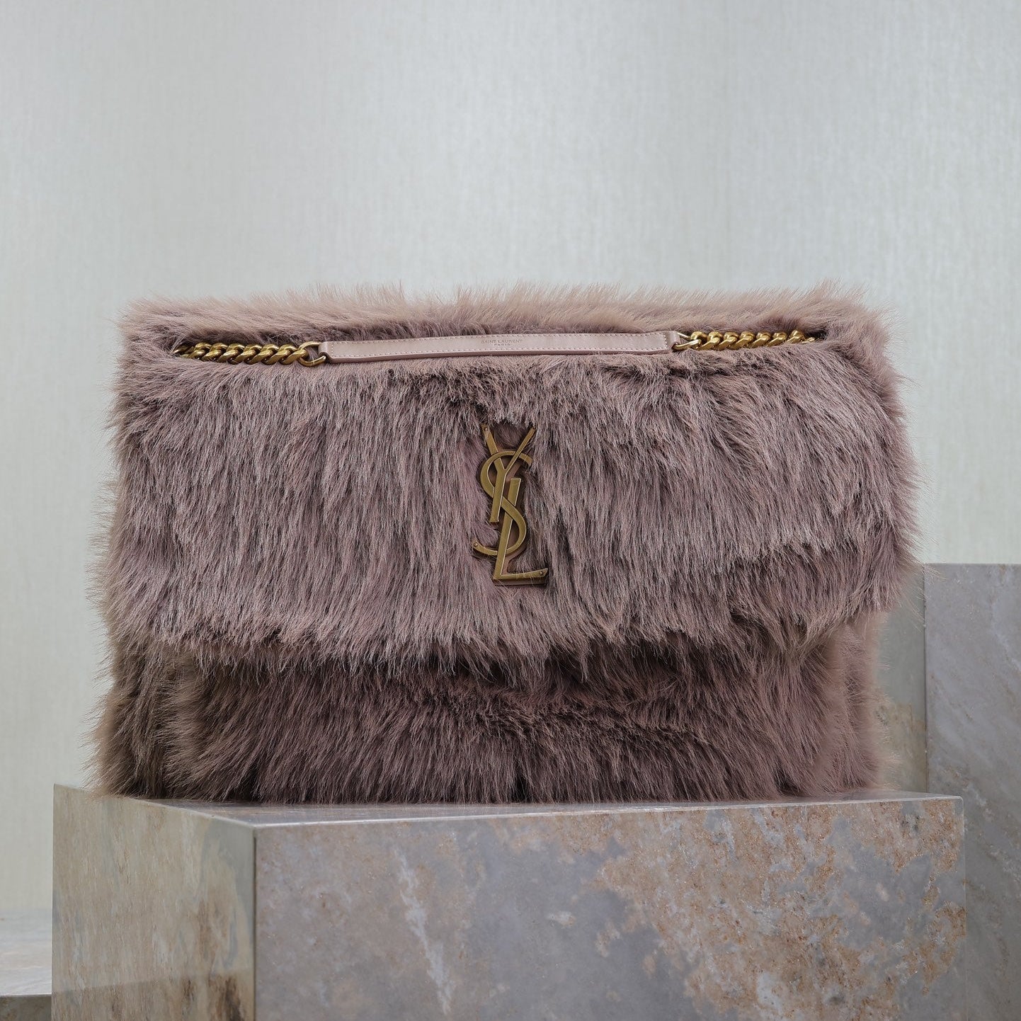 Luxury Saint Laurent NIKI 47 IN LIGHT PURPLE RABBIT FUR GOLD HARDWARE