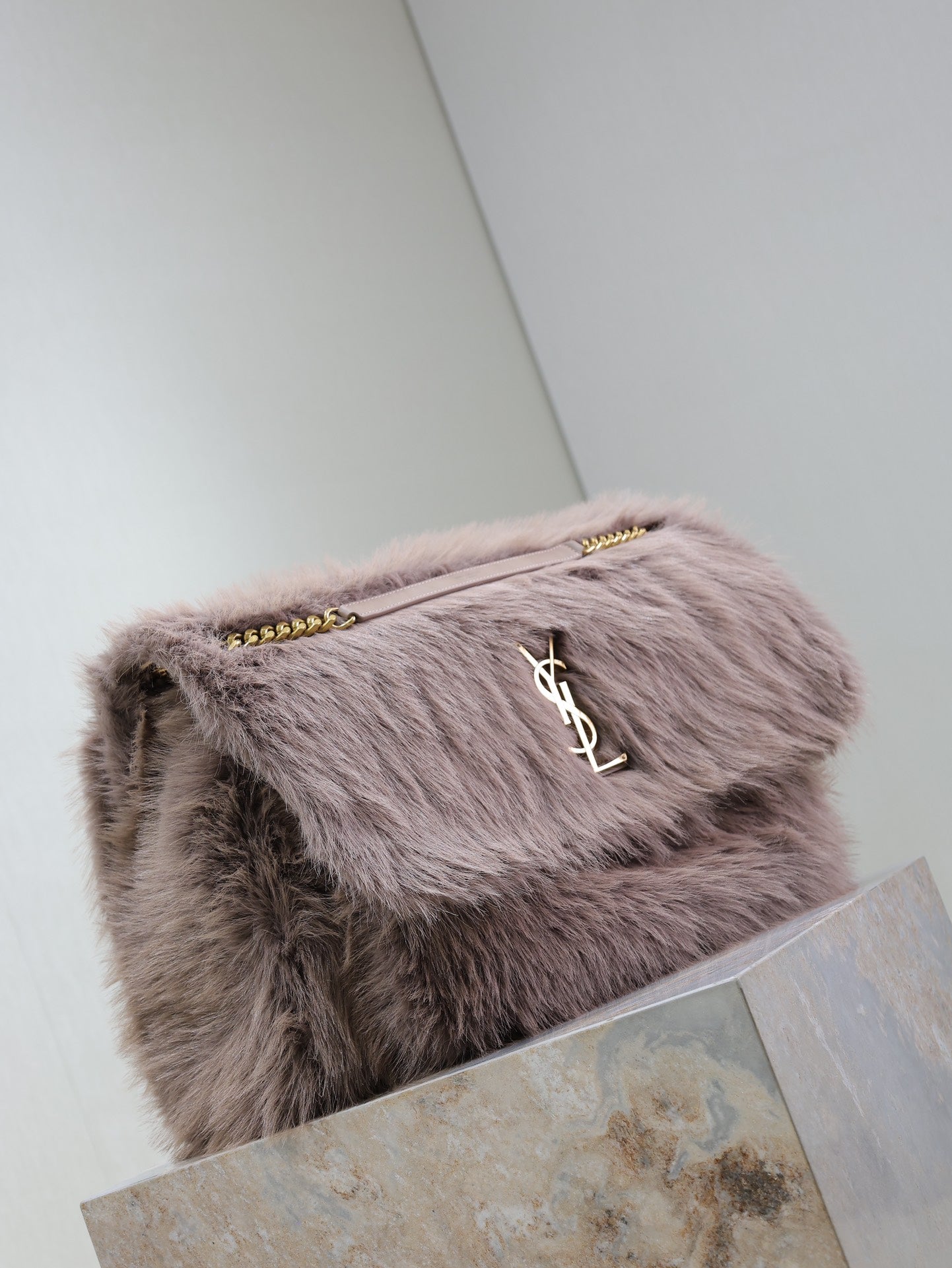 Luxury Saint Laurent NIKI 47 IN LIGHT PURPLE RABBIT FUR GOLD HARDWARE