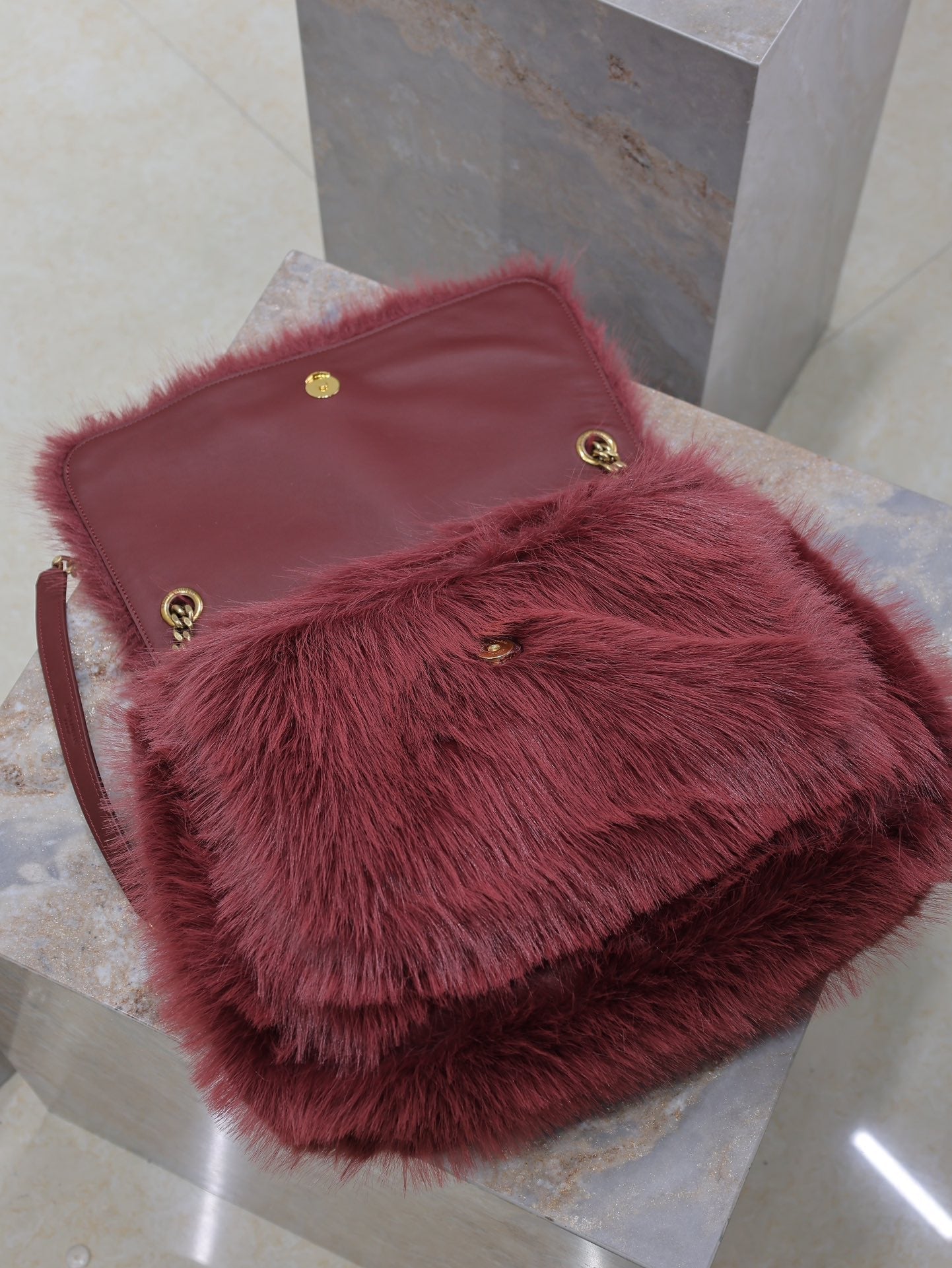 Luxury Saint Laurent NIKI LARGE 32 IN CURRANT RED RABBIT FUR GOLD HARDWARE