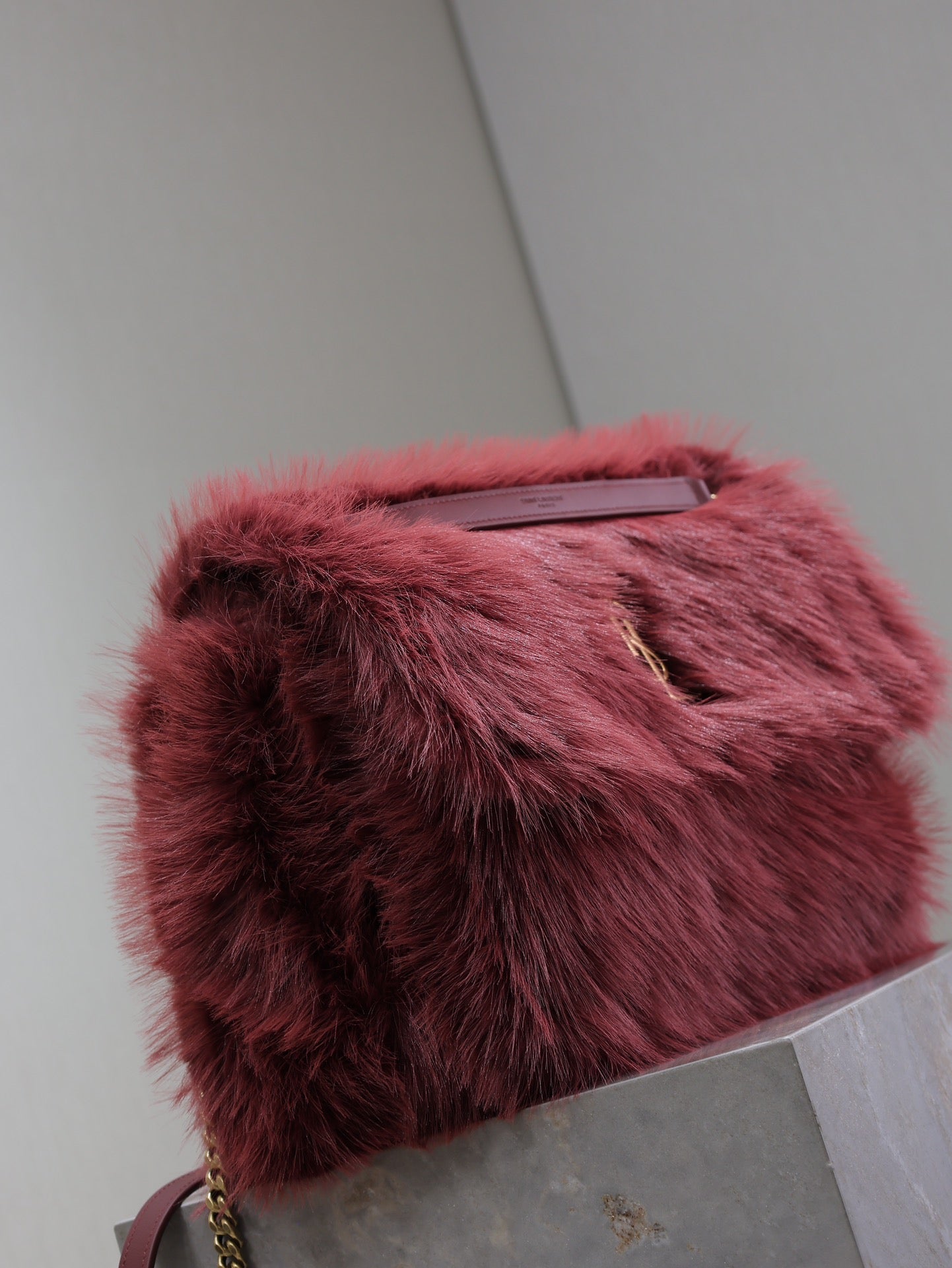 Luxury Saint Laurent NIKI LARGE 32 IN CURRANT RED RABBIT FUR GOLD HARDWARE