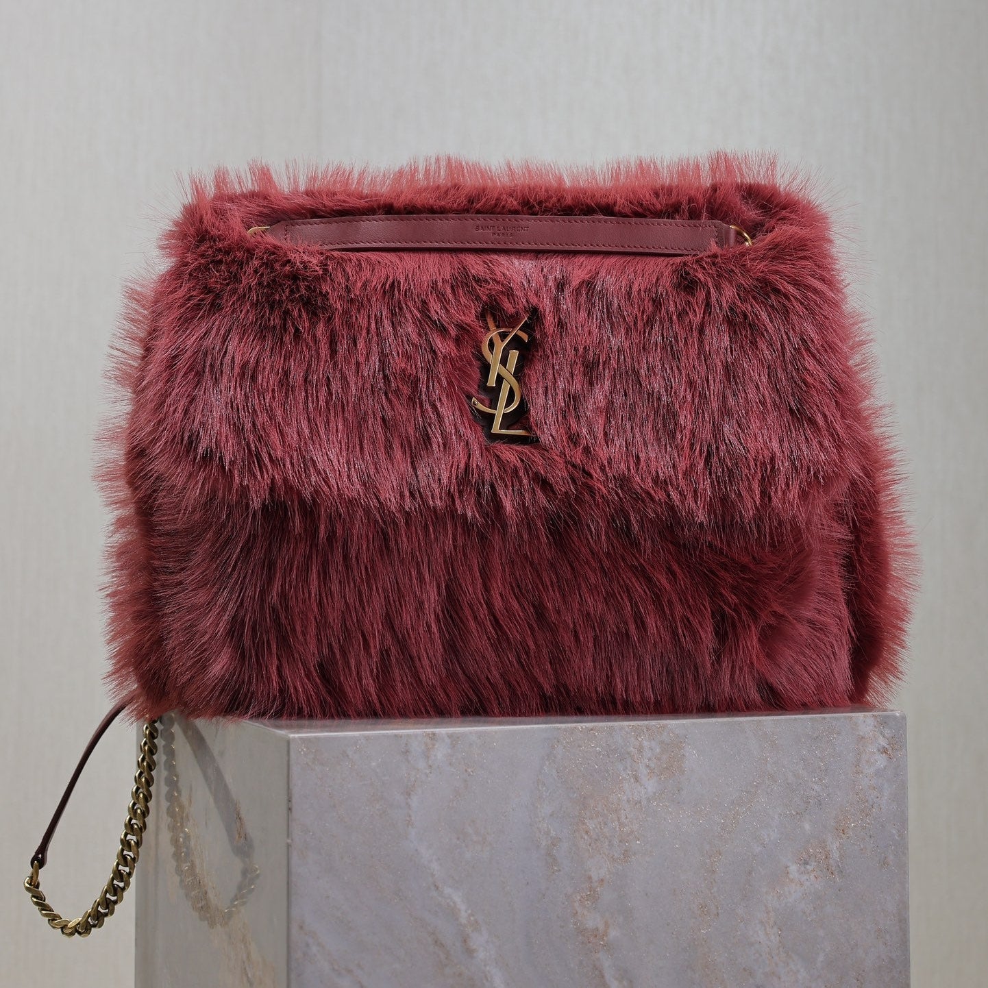 Luxury Saint Laurent NIKI LARGE 32 IN CURRANT RED RABBIT FUR GOLD HARDWARE