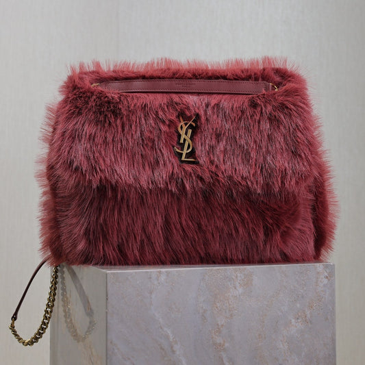 Luxury Saint Laurent NIKI LARGE 32 IN CURRANT RED RABBIT FUR GOLD HARDWARE