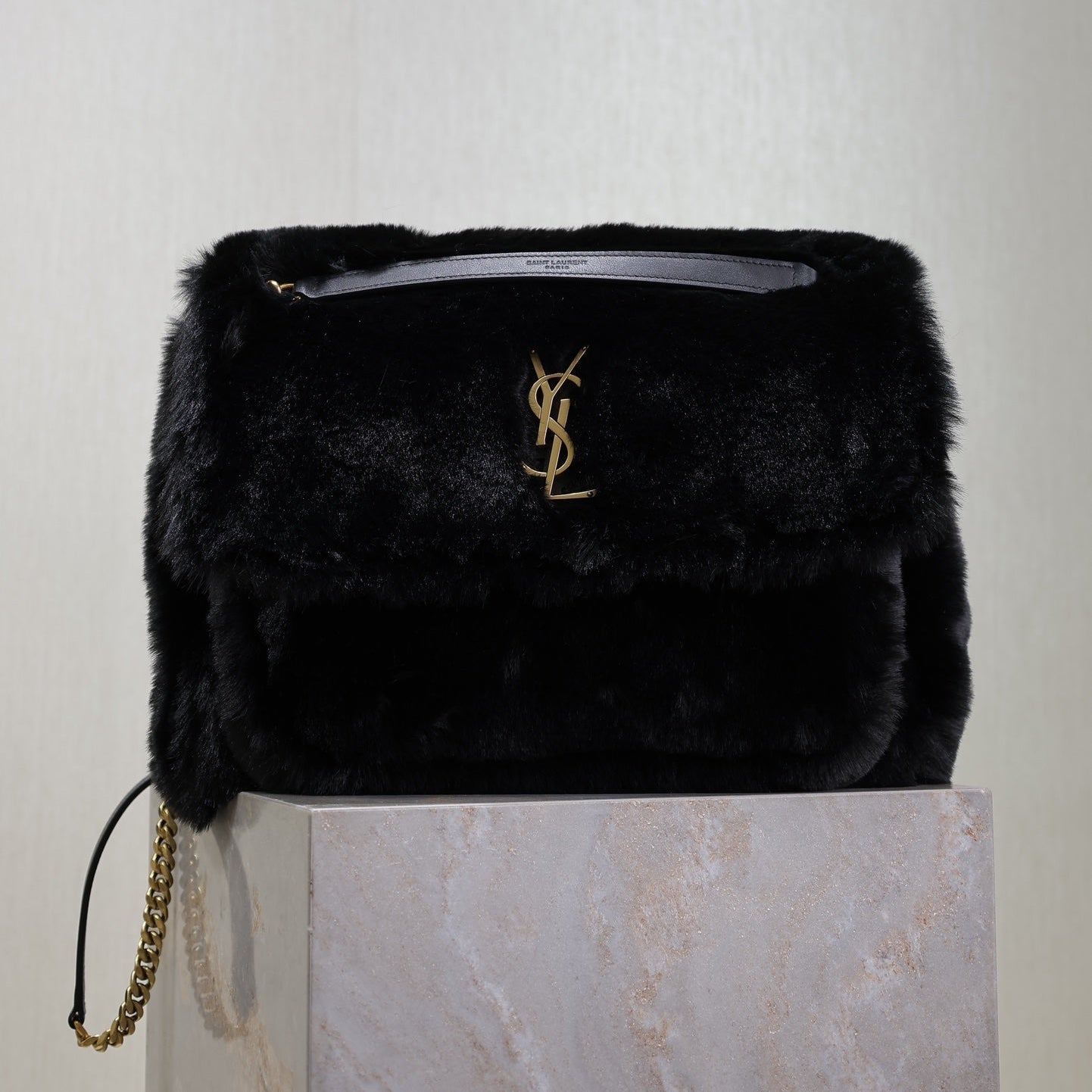 Luxury Saint Laurent NIKI LARGE 32 IN BLACK RABBIT FUR GOLD HARDWARE