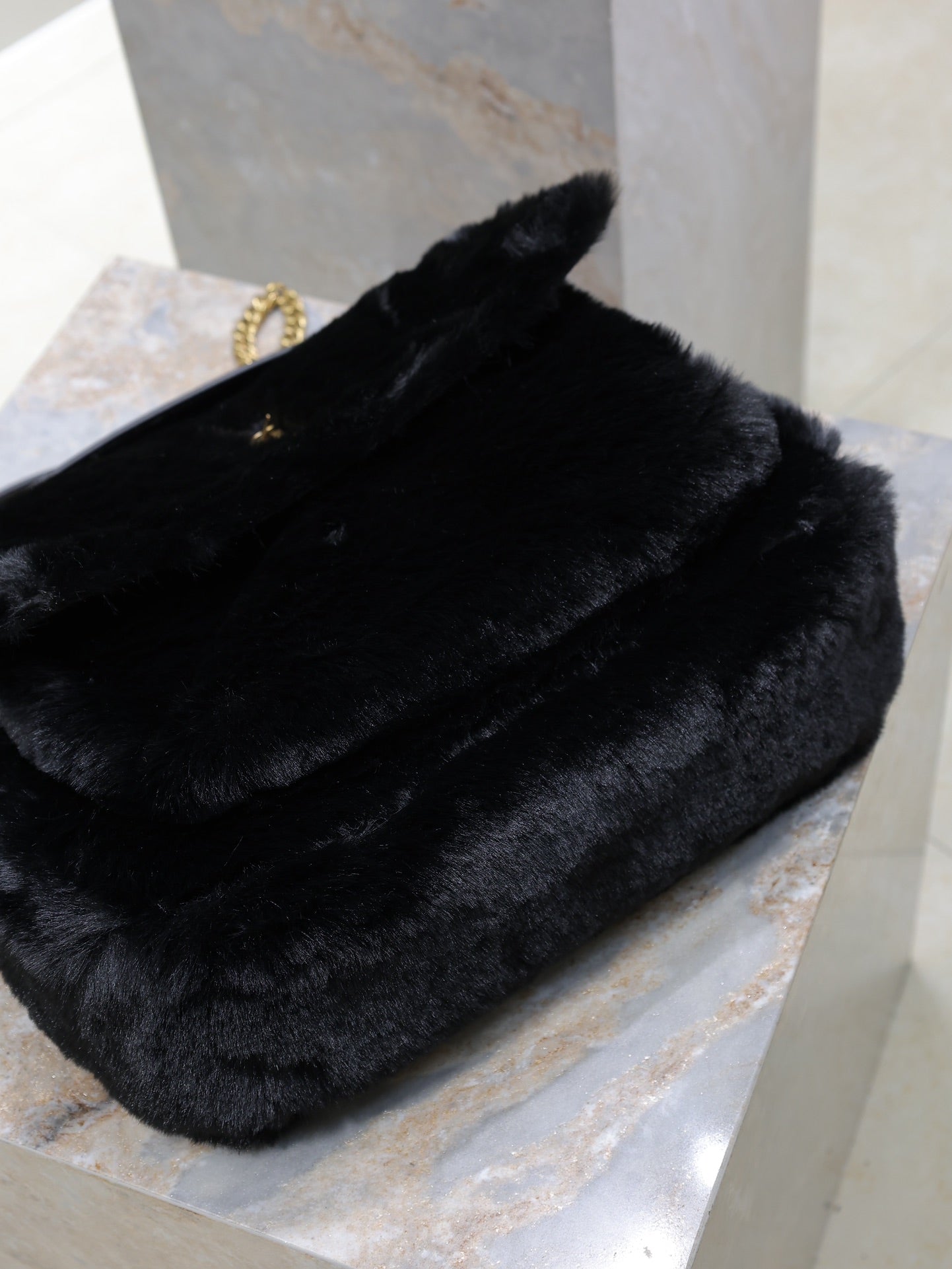 Luxury Saint Laurent NIKI LARGE 32 IN BLACK RABBIT FUR GOLD HARDWARE