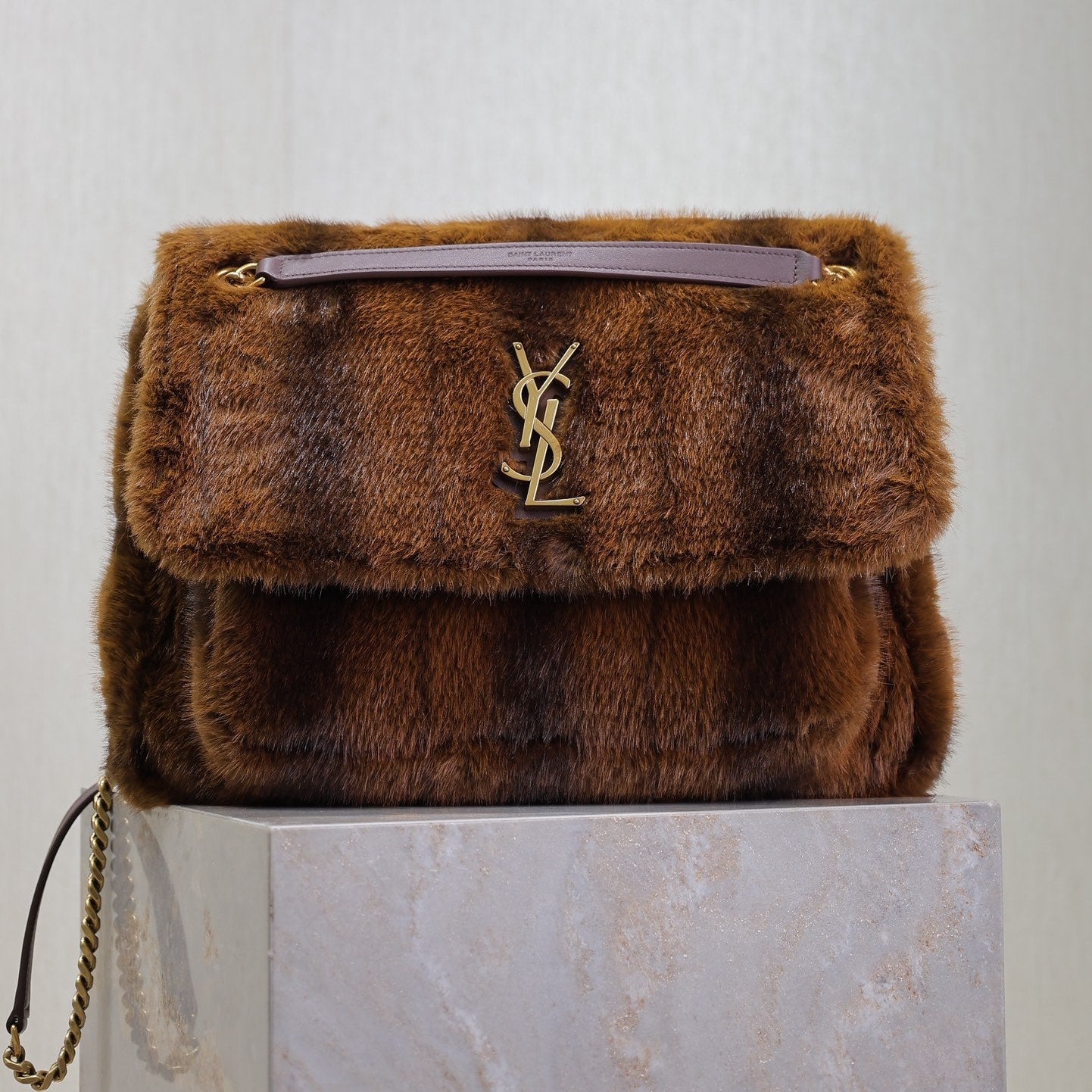 Luxury Saint Laurent NIKI LARGE 32 IN COFFE BROWN MINK FUR GOLD HARDWARE
