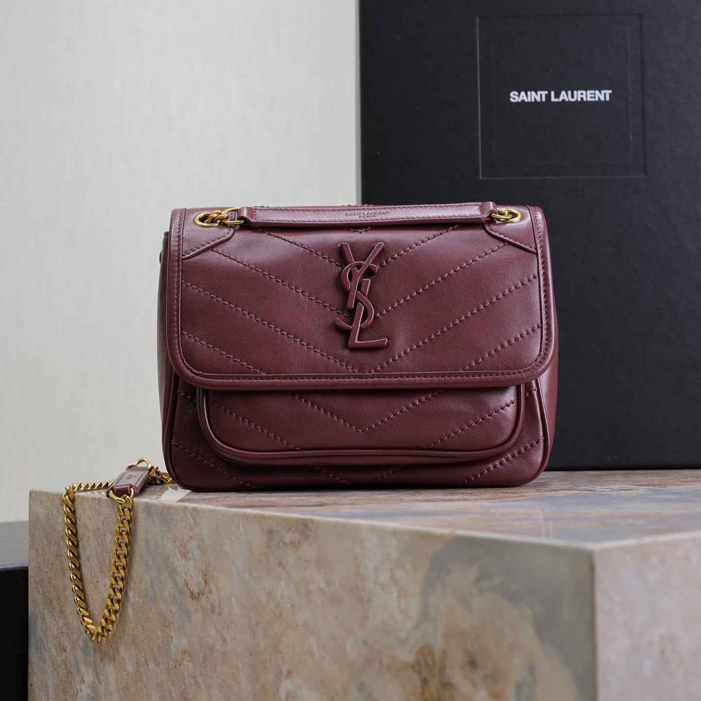 Luxury Saint Laurent NIKI BABY 22 IN WINE RED LAMBSKIN GOLD CHAIN