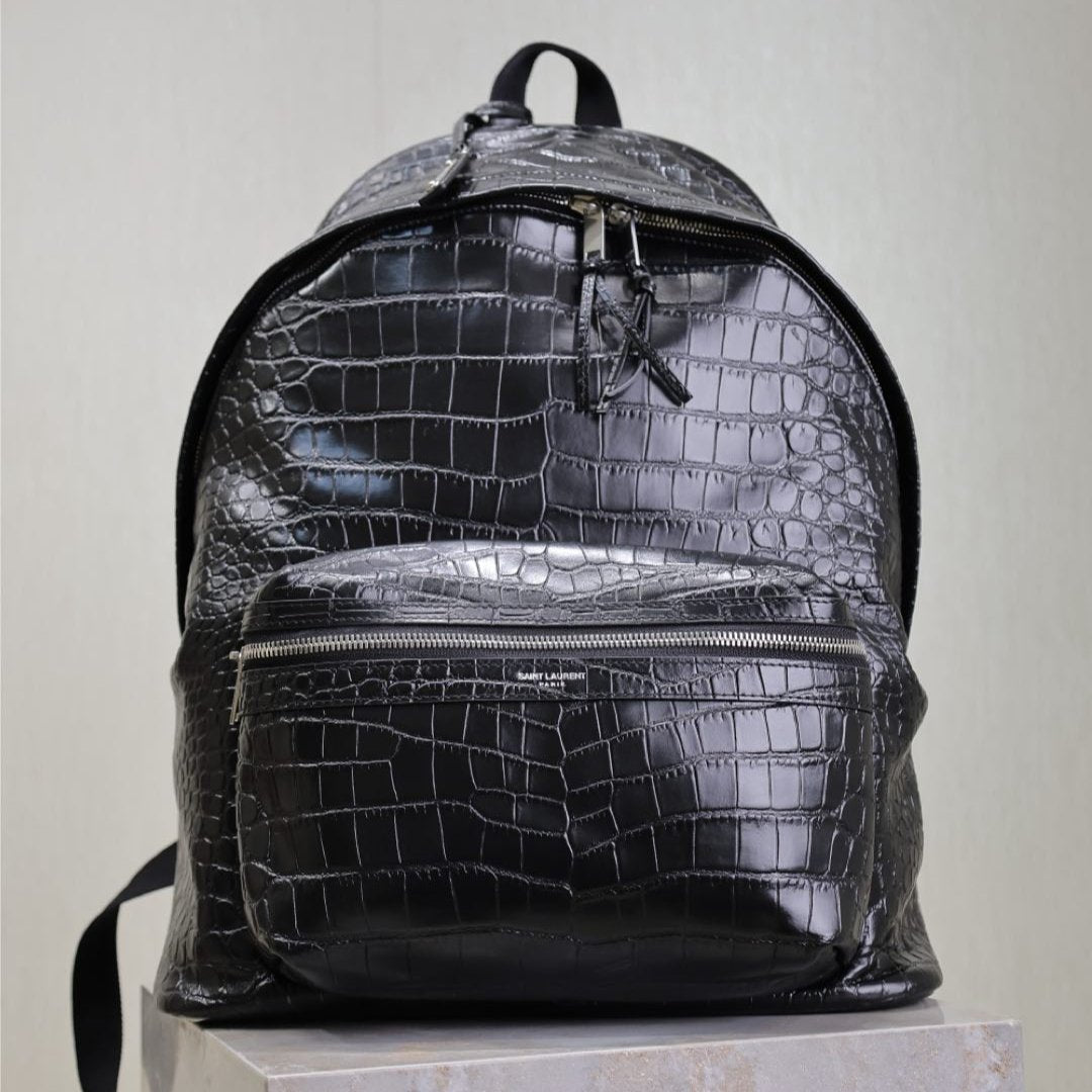 Luxury Saint Laurent CITY BACKPACK 38 IN BLACK CROCODILE EMBOSSED CALFSKIN