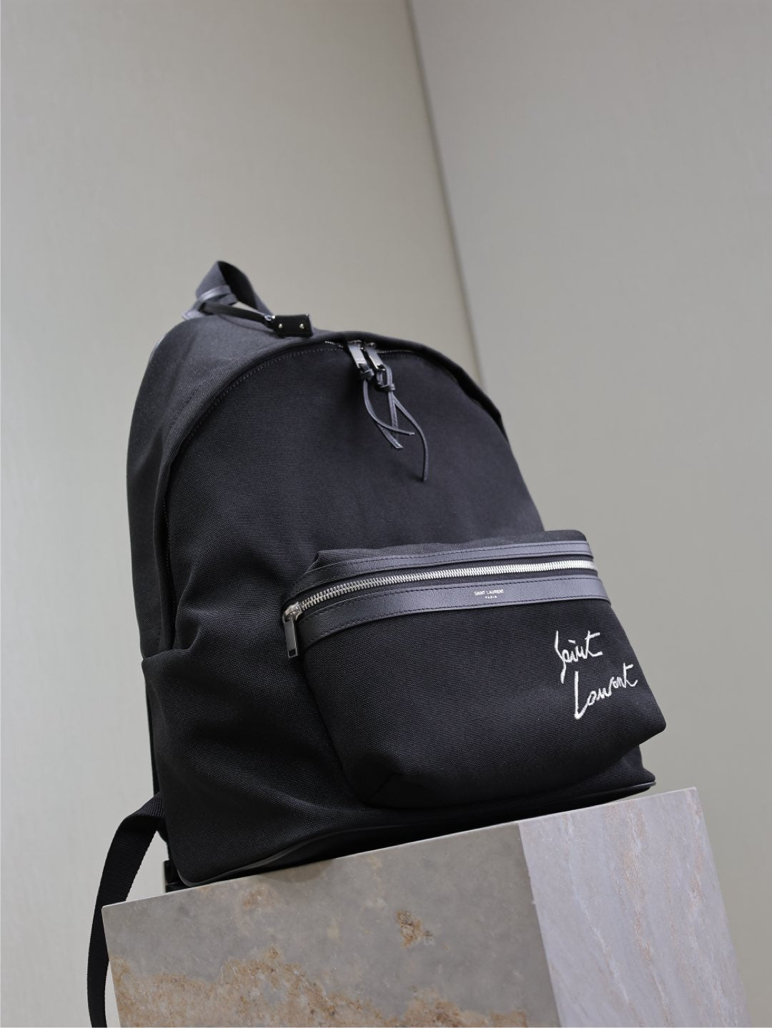 Luxury Saint Laurent CITY BACKPACK 38 IN BLACK CANVAS WITH WHITE EMBROIDED LOGO