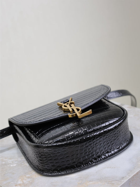 Luxury Saint Laurent KAIA SMALL CROCODILE PATTERN BAG 18 IN BLACK GLOSSY CALFSKIN COPPER HARDWARE