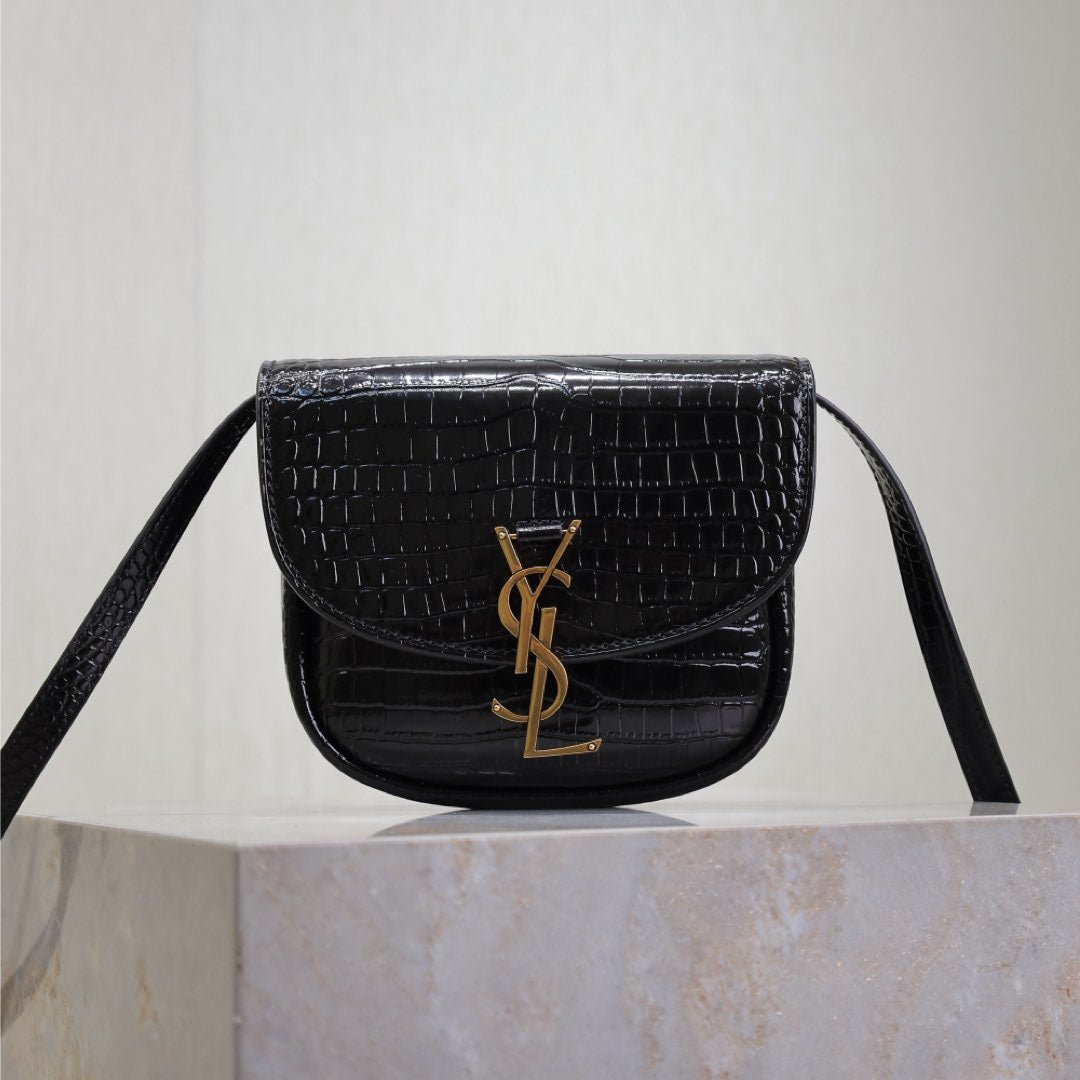 Luxury Saint Laurent KAIA SMALL CROCODILE PATTERN BAG 18 IN BLACK GLOSSY CALFSKIN COPPER HARDWARE