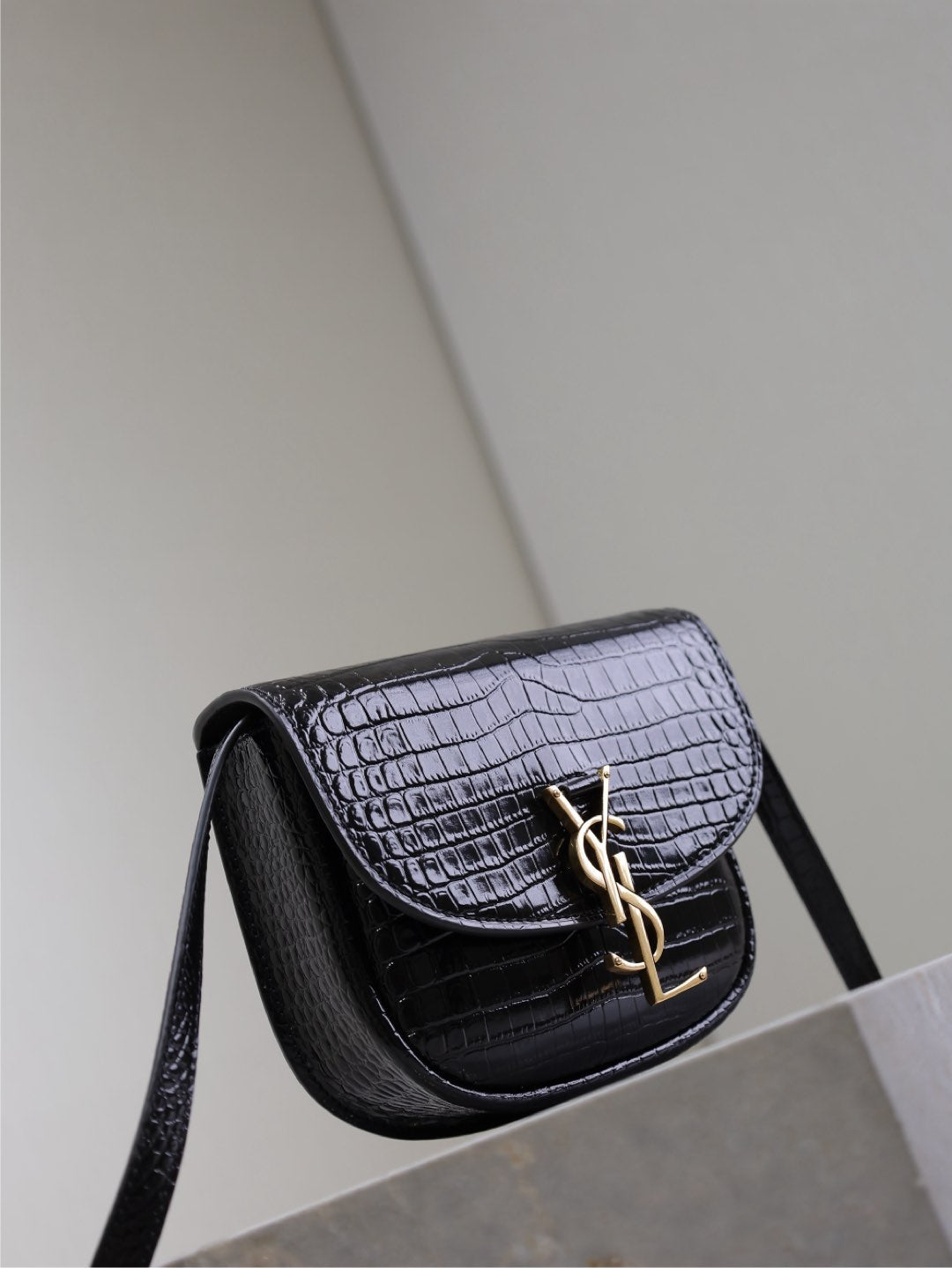 Luxury Saint Laurent KAIA SMALL CROCODILE PATTERN BAG 18 IN BLACK GLOSSY CALFSKIN COPPER HARDWARE