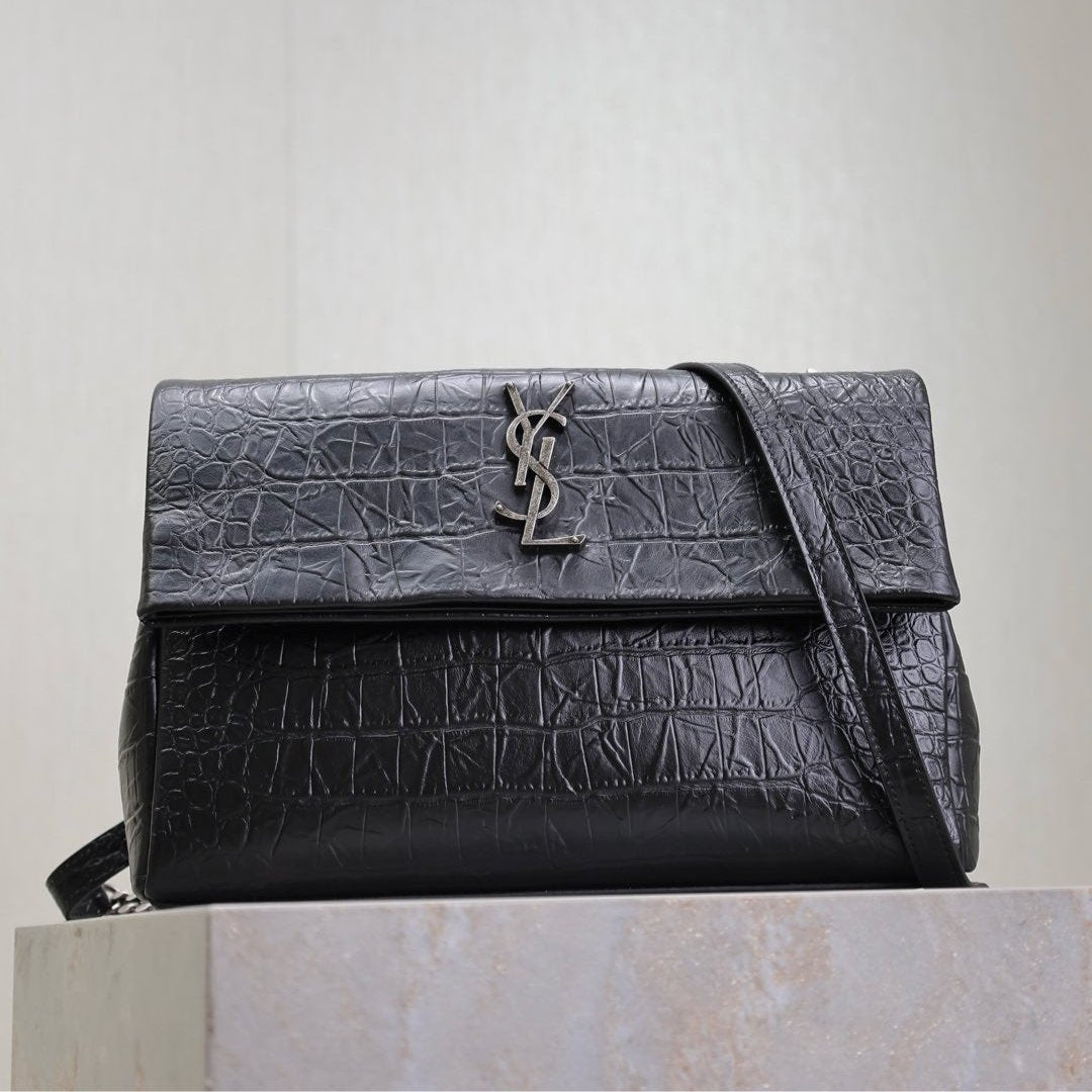 Luxury Saint Laurent WEST HOLLYWOOD BAG 28 IN BLACK CROCODILE TEXTURED CALFSKIN SILVER HARDWARE