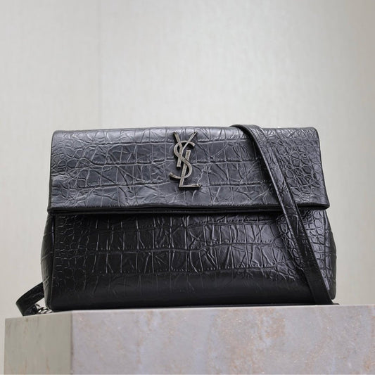 Luxury Saint Laurent WEST HOLLYWOOD BAG 28 IN BLACK CROCODILE TEXTURED CALFSKIN SILVER HARDWARE
