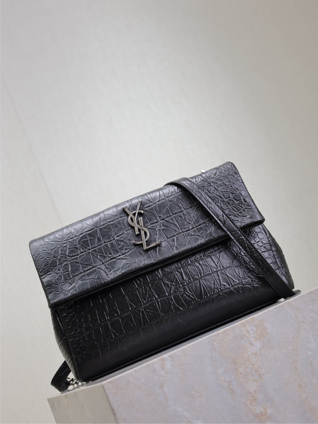 Luxury Saint Laurent WEST HOLLYWOOD BAG 28 IN BLACK CROCODILE TEXTURED CALFSKIN SILVER HARDWARE