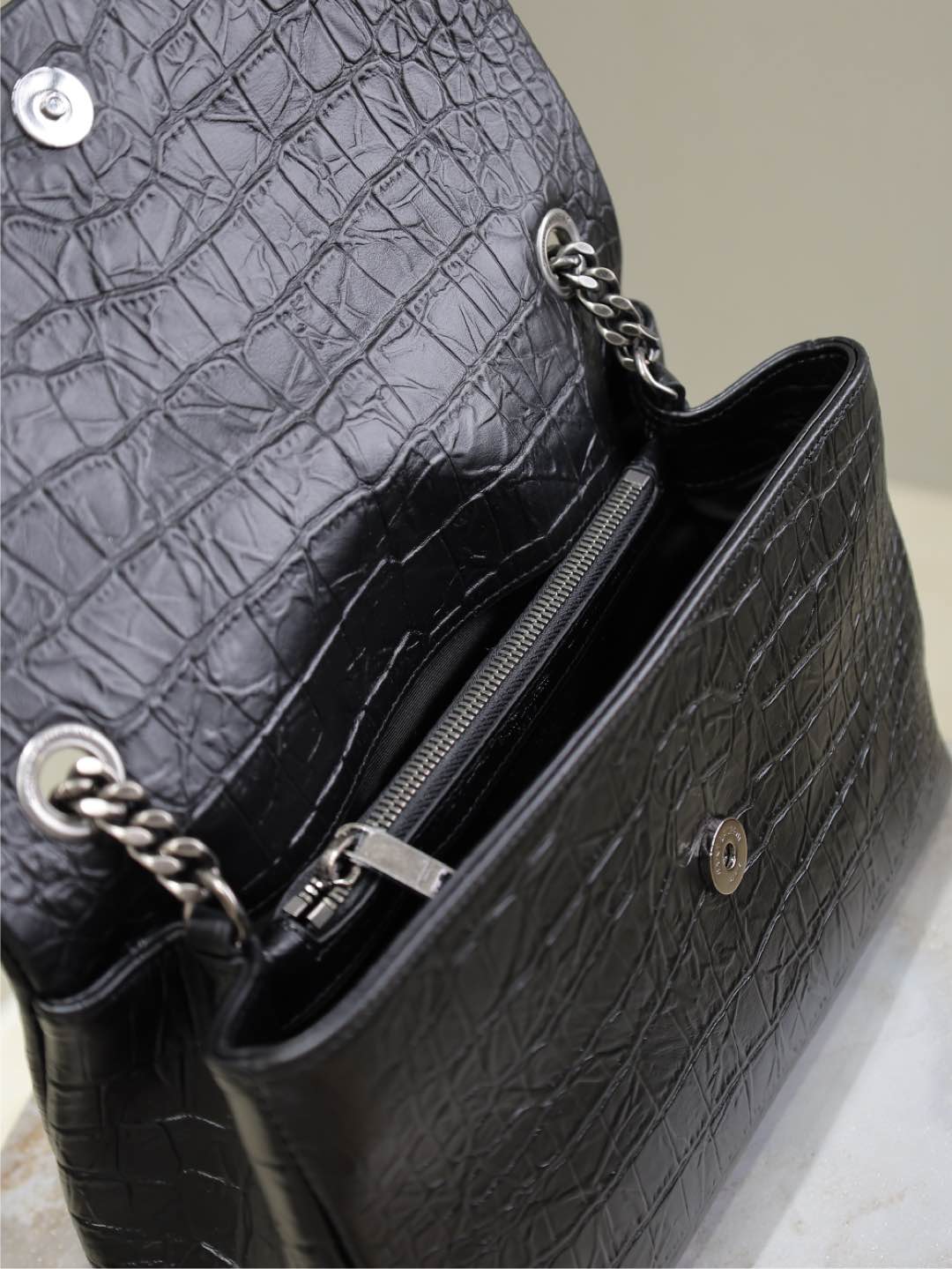 Luxury Saint Laurent WEST HOLLYWOOD BAG 28 IN BLACK CROCODILE TEXTURED CALFSKIN SILVER HARDWARE