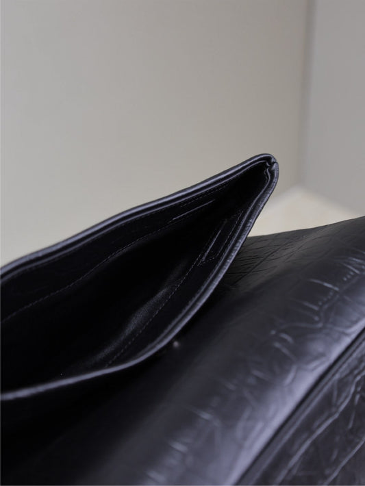 Luxury Saint Laurent WEST HOLLYWOOD BAG 24 IN BLACK CROCODILE TEXTURED CALFSKIN SILVER HARDWARE