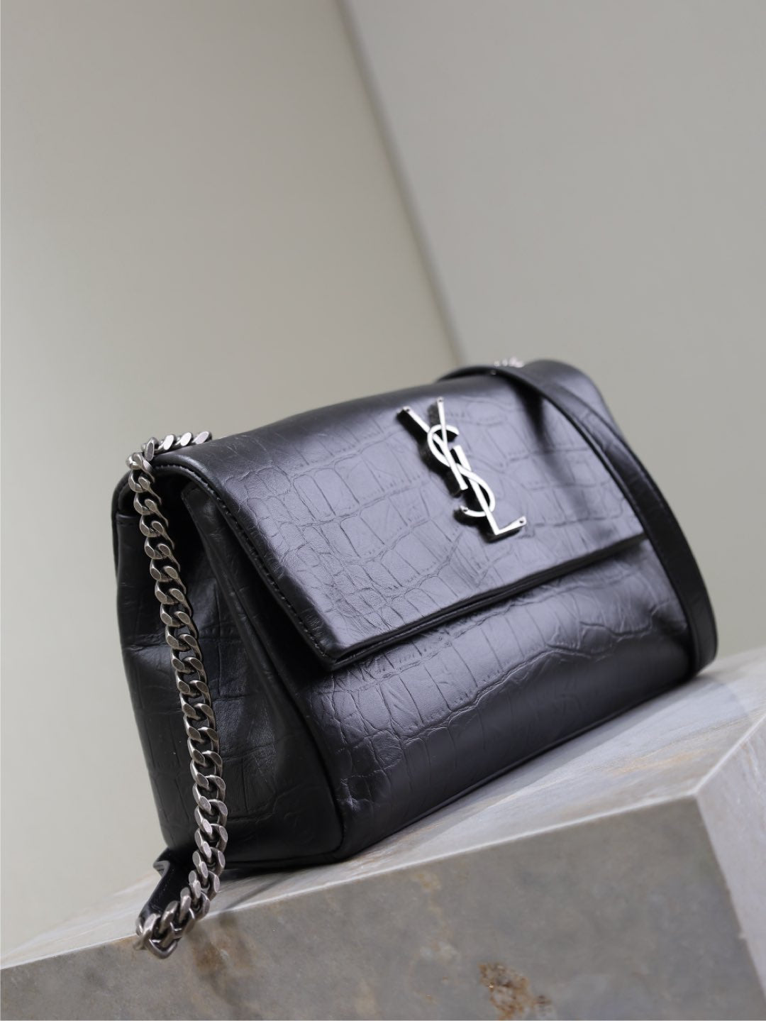 Luxury Saint Laurent WEST HOLLYWOOD BAG 24 IN BLACK CROCODILE TEXTURED CALFSKIN SILVER HARDWARE