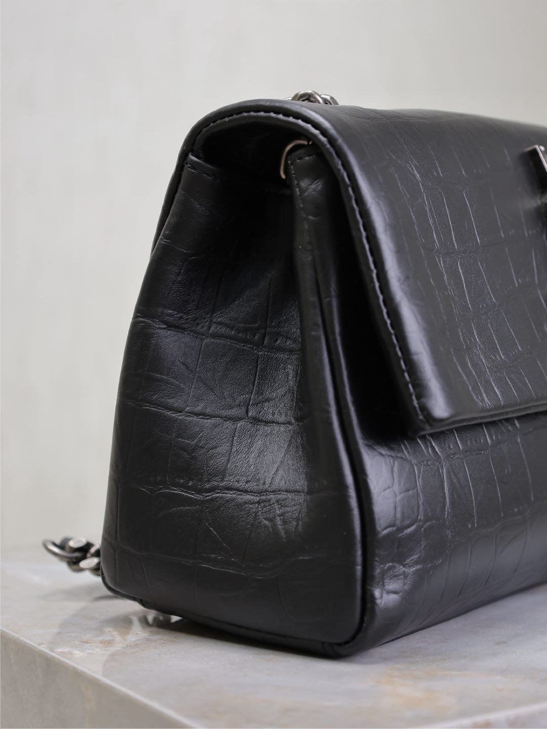 Luxury Saint Laurent WEST HOLLYWOOD BAG 24 IN BLACK CROCODILE TEXTURED CALFSKIN SILVER HARDWARE