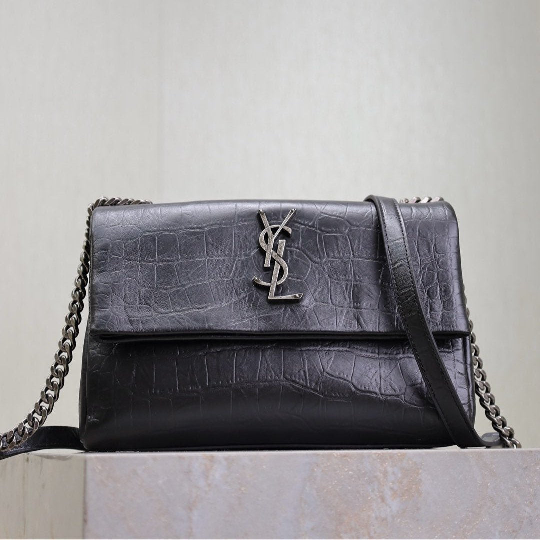 Luxury Saint Laurent WEST HOLLYWOOD BAG 24 IN BLACK CROCODILE TEXTURED CALFSKIN SILVER HARDWARE