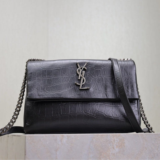 Luxury Saint Laurent WEST HOLLYWOOD BAG 24 IN BLACK CROCODILE TEXTURED CALFSKIN SILVER HARDWARE