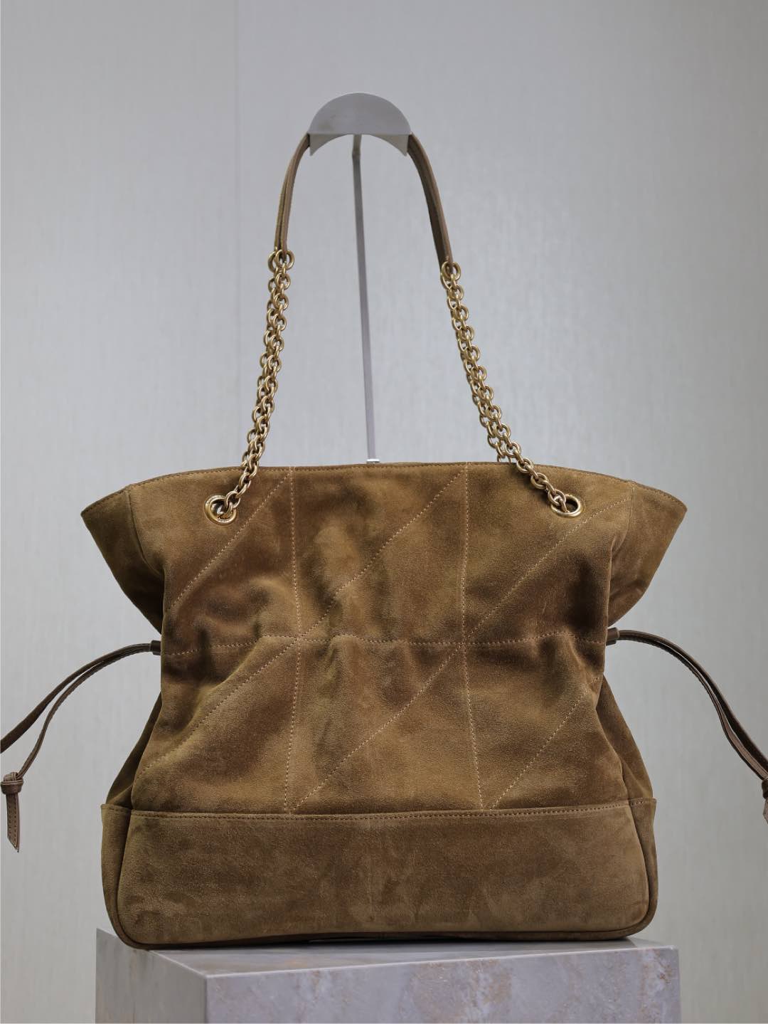 Luxury Saint Laurent JAMIE LARGE POCHON 34 IN DULL BROWN SUEDE COPPER HARDWARE