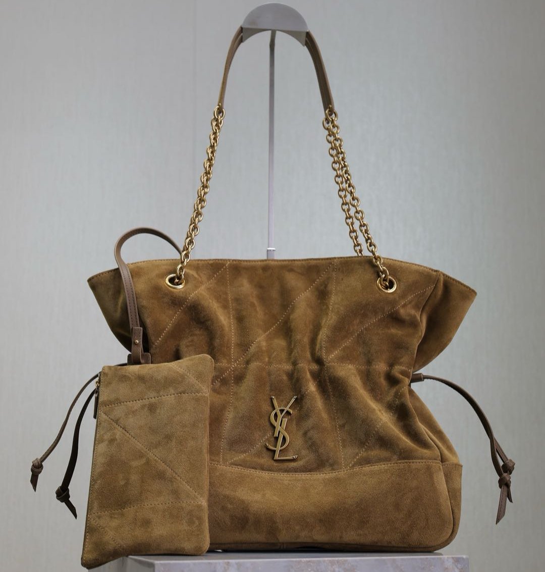 Luxury Saint Laurent JAMIE LARGE POCHON 34 IN DULL BROWN SUEDE COPPER HARDWARE