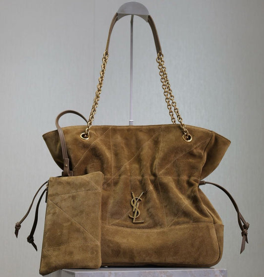 Luxury Saint Laurent JAMIE LARGE POCHON 34 IN DULL BROWN SUEDE COPPER HARDWARE