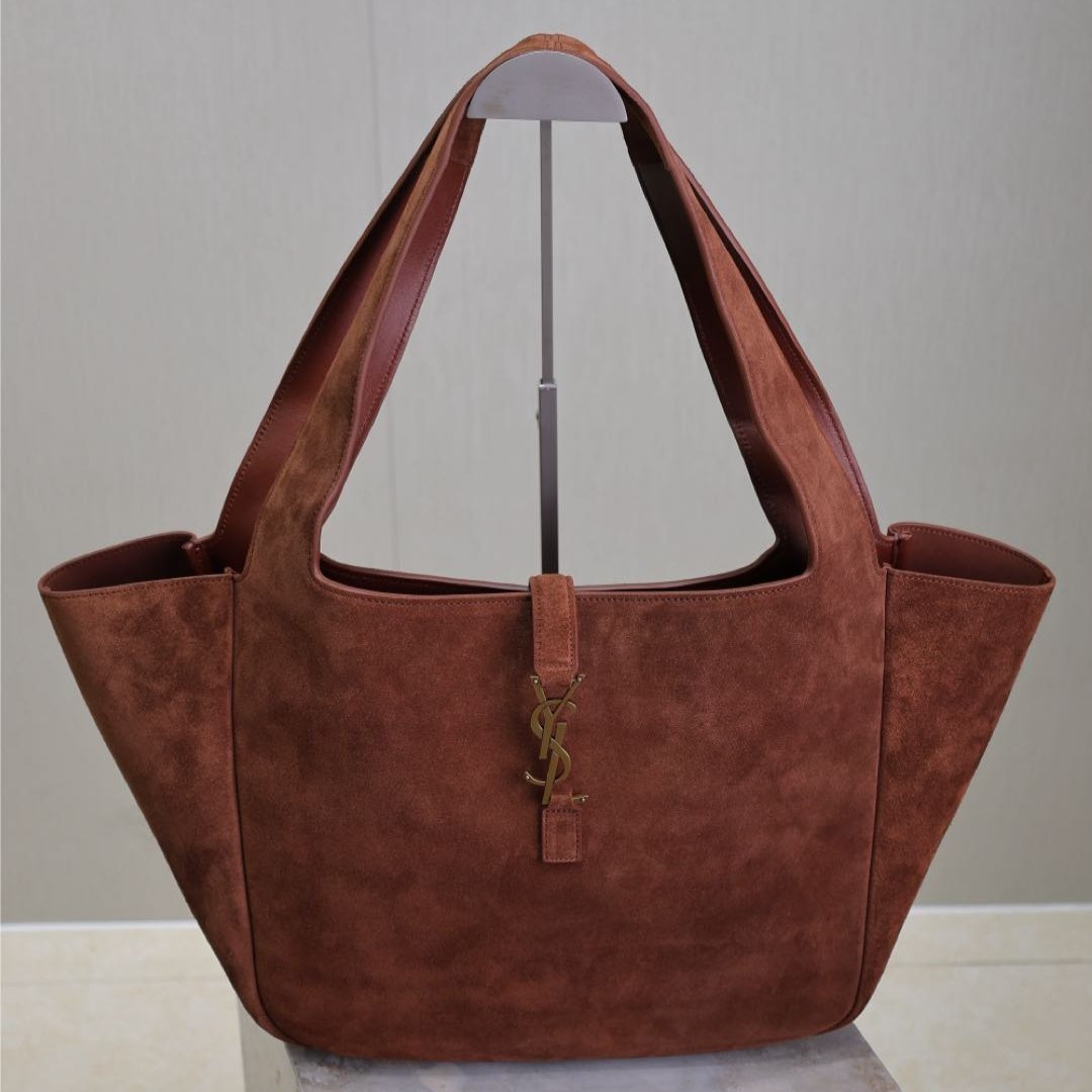 Luxury Saint Laurent LE 5 À 7 BEA TOTE BAG 50 IN RED BROWN SUEDE GOLD LOGO