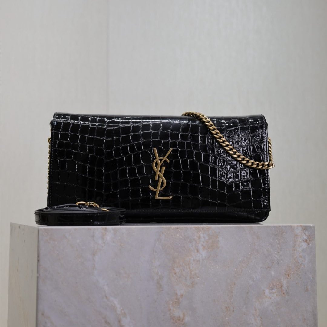 Luxury Saint Laurent KATE 99 MEDIUM BAG 26 IN BLACK CROCODILE-EMBOSSED CALFSKIN COPPER HARDWARE