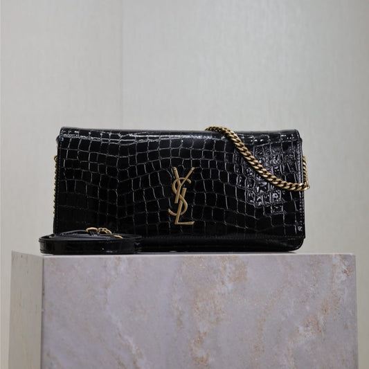 Luxury Saint Laurent KATE 99 MEDIUM BAG 26 IN BLACK CROCODILE-EMBOSSED CALFSKIN COPPER HARDWARE