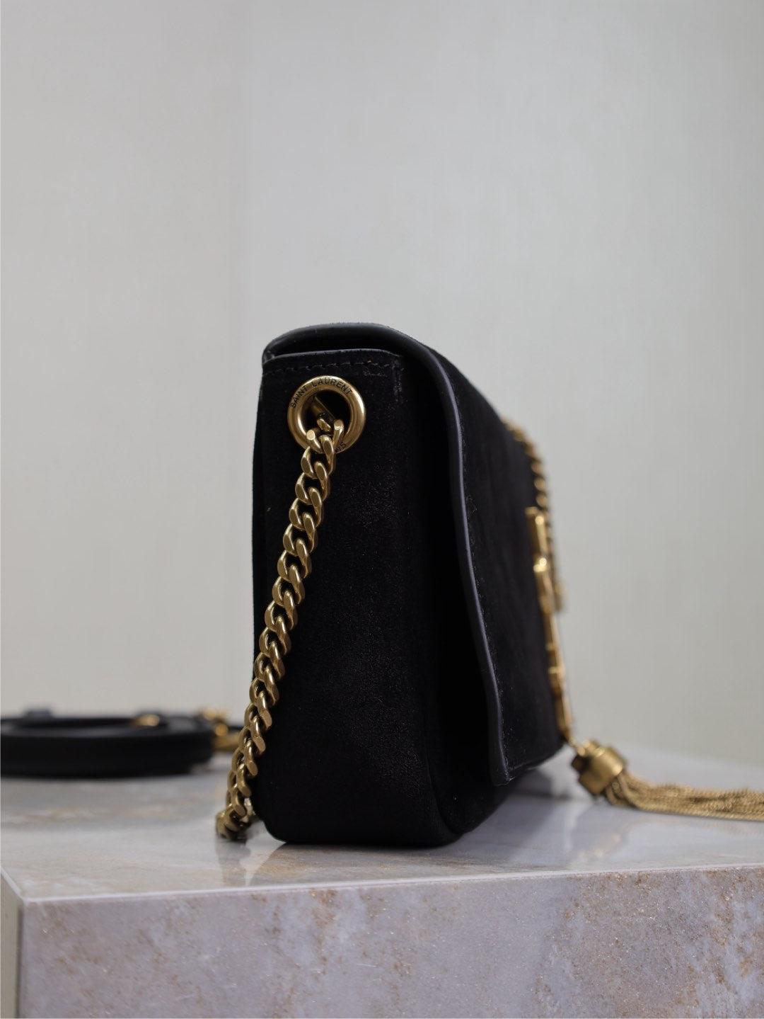 Luxury Saint Laurent KATE MEDIUM TASSEL 26 IN BLACK SUEDE COPPER HARDWARE