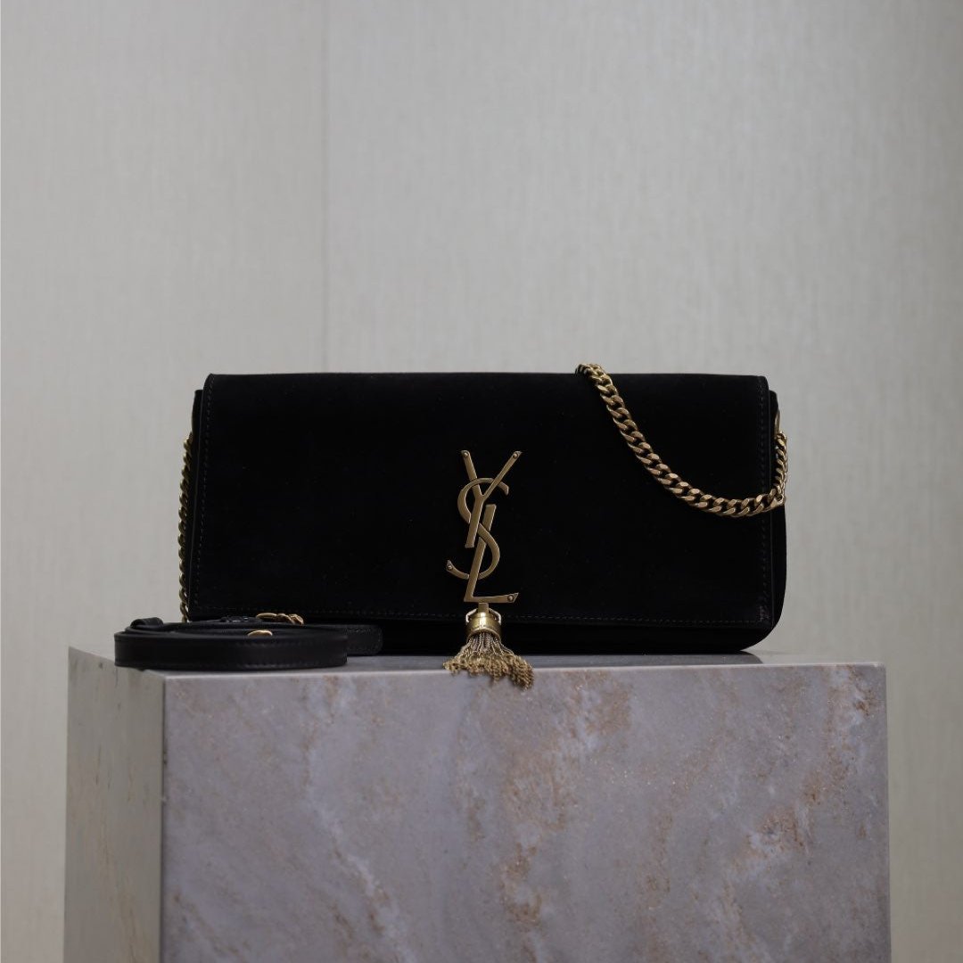 Luxury Saint Laurent KATE MEDIUM TASSEL 26 IN BLACK SUEDE COPPER HARDWARE