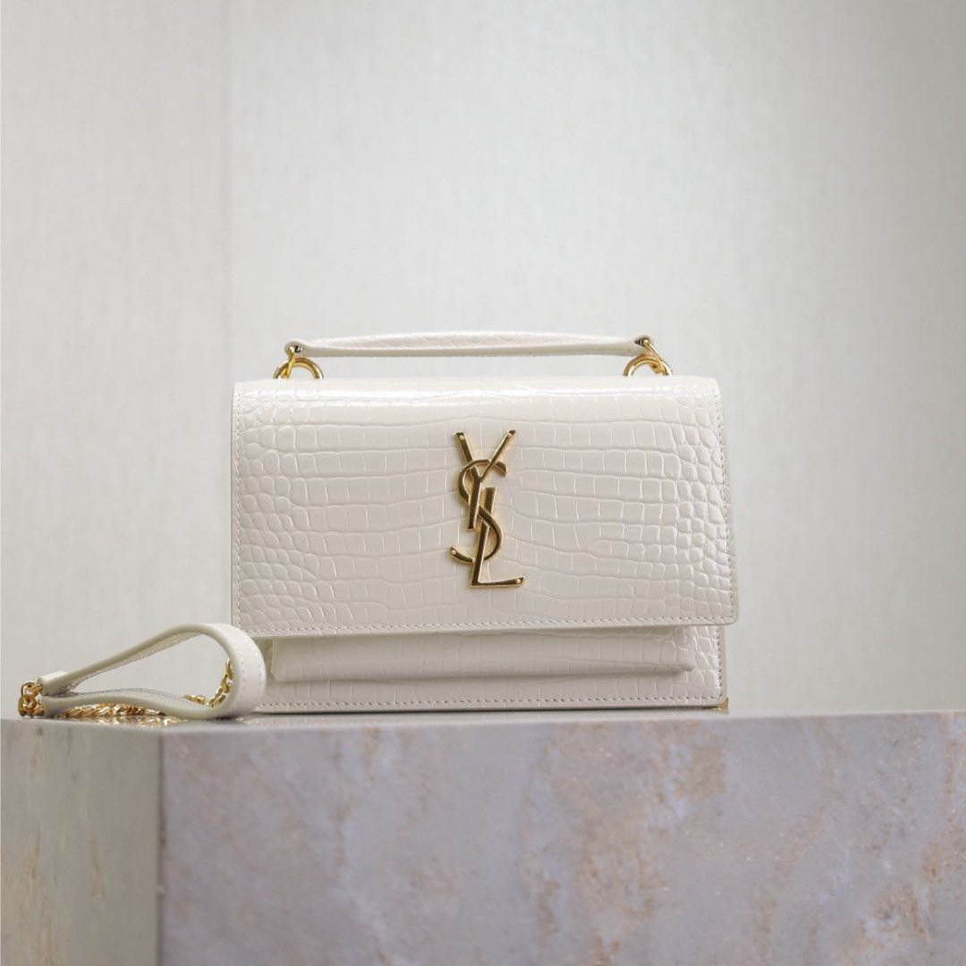 Luxury Saint Laurent SUNSET SMALL BAG 19 IN WHITE CROCODILE-EMBOSSED CALFSKIN GOLD HARDWARE