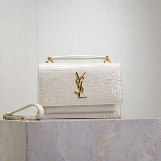 Luxury Saint Laurent SUNSET SMALL BAG 19 IN WHITE CROCODILE-EMBOSSED CALFSKIN GOLD HARDWARE