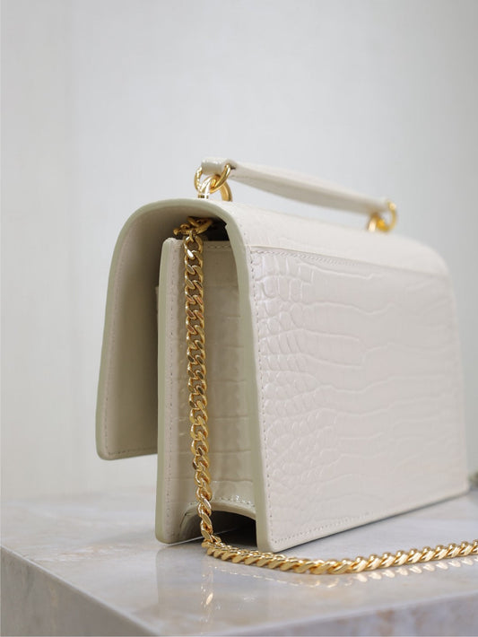 Luxury Saint Laurent SUNSET SMALL BAG 19 IN WHITE CROCODILE-EMBOSSED CALFSKIN GOLD HARDWARE