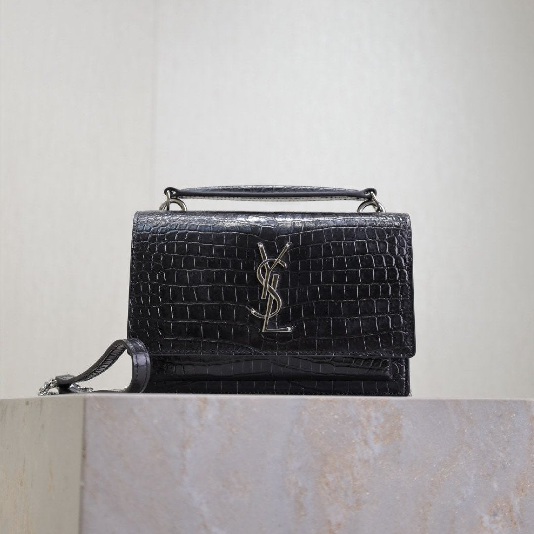 Luxury Saint Laurent SUNSET SMALL BAG 19 IN BLACK CROCODILE-EMBOSSED CALFSKIN SILVER HARDWARE