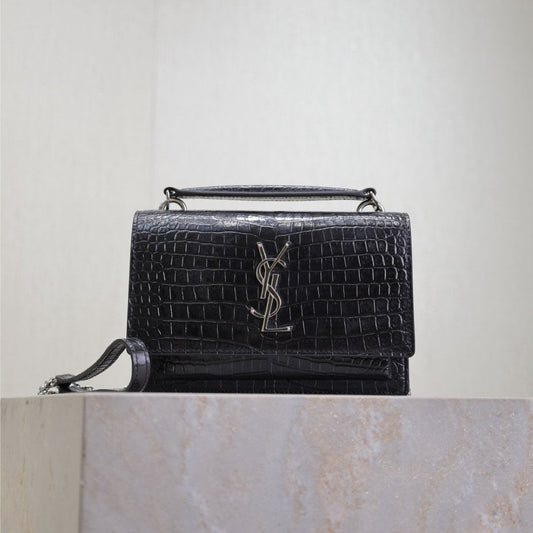 Luxury Saint Laurent SUNSET SMALL BAG 19 IN BLACK CROCODILE-EMBOSSED CALFSKIN SILVER HARDWARE