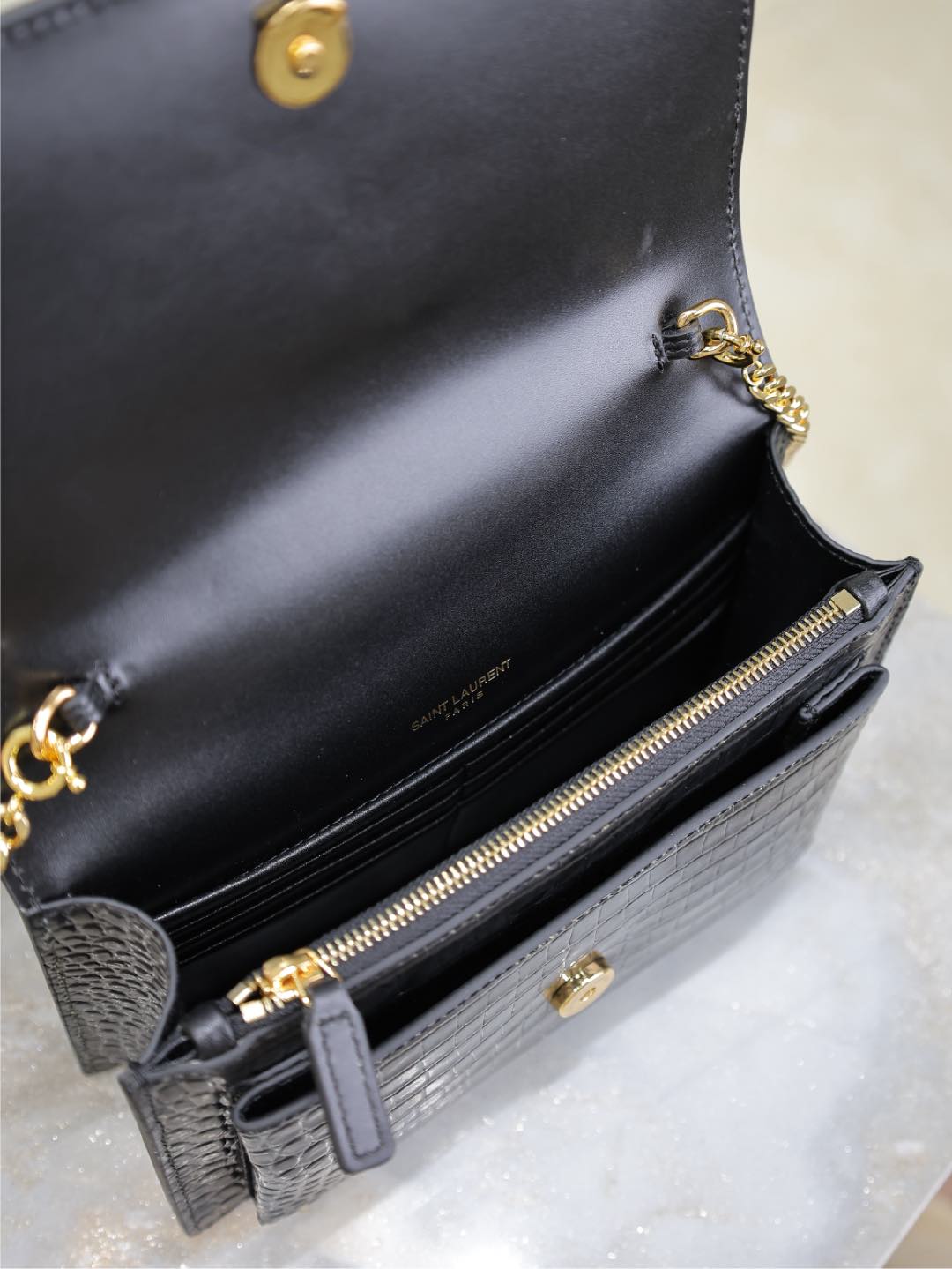 Luxury Saint Laurent SUNSET SMALL BAG 19 IN BLACK CROCODILE-EMBOSSED CALFSKIN COPPER HARDWARE