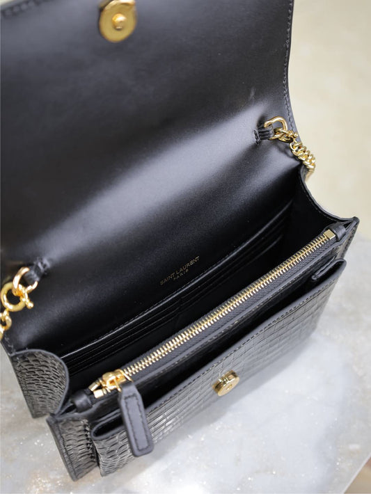 Luxury Saint Laurent SUNSET SMALL BAG 19 IN BLACK CROCODILE-EMBOSSED CALFSKIN COPPER HARDWARE