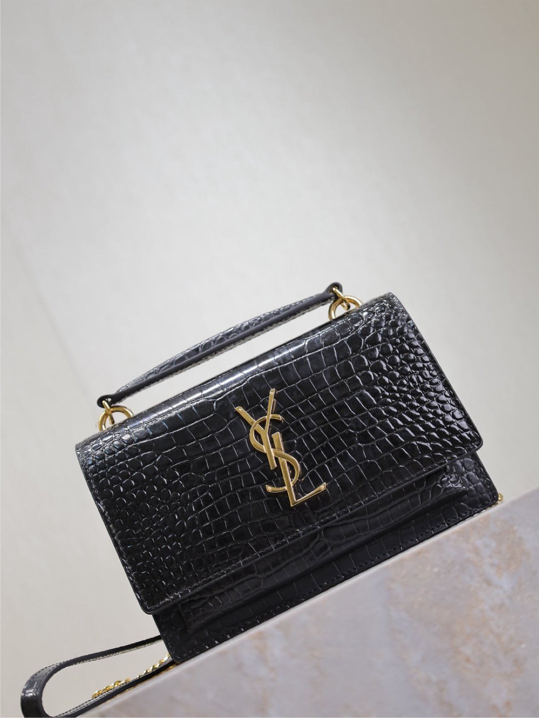 Luxury Saint Laurent SUNSET SMALL BAG 19 IN BLACK CROCODILE-EMBOSSED CALFSKIN COPPER HARDWARE