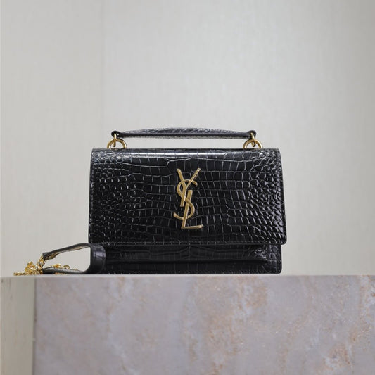 Luxury Saint Laurent SUNSET SMALL BAG 19 IN BLACK CROCODILE-EMBOSSED CALFSKIN COPPER HARDWARE