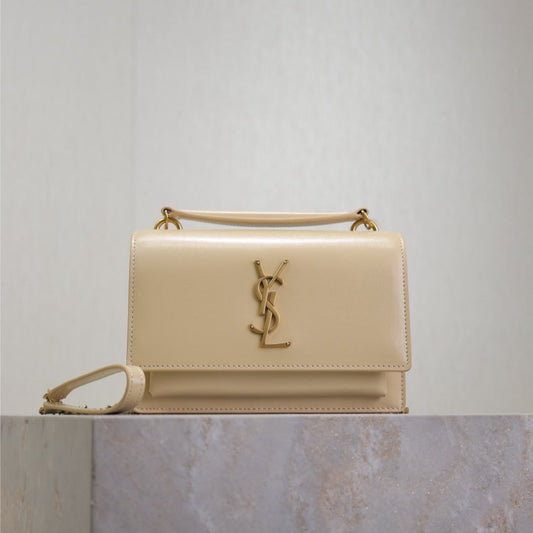 Luxury Saint Laurent SUNSET SMALL BAG 19 IN BEIGE CALFSKIN GOLD HARDWARE