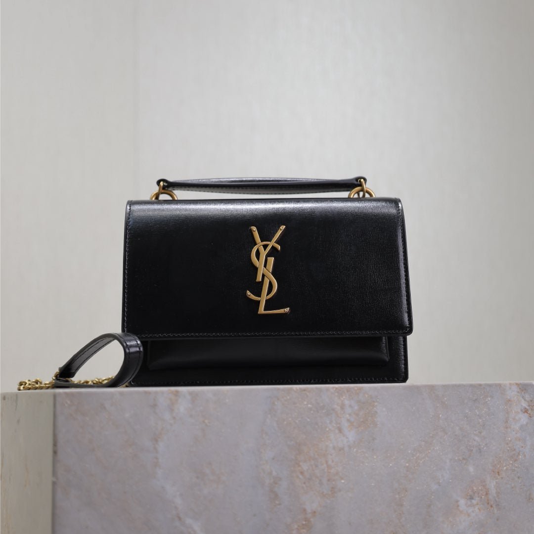 Luxury Saint Laurent SUNSET SMALL BAG 19 IN BLACK CALFSKIN COPPER HARDWARE