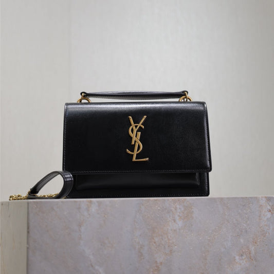 Luxury Saint Laurent SUNSET SMALL BAG 19 IN BLACK CALFSKIN COPPER HARDWARE