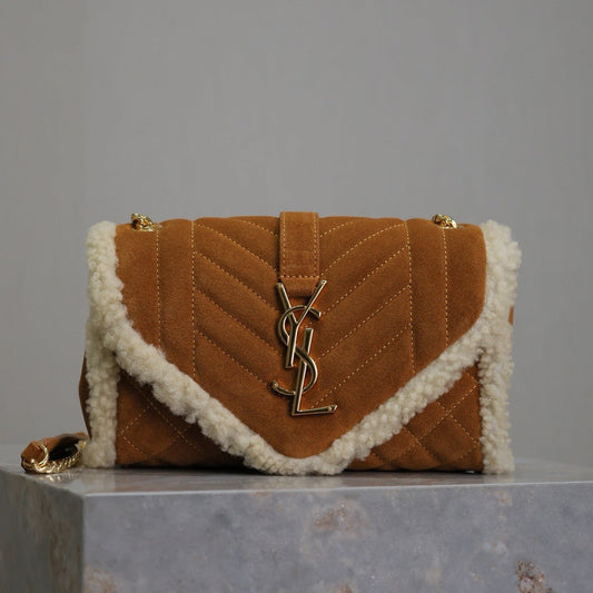 Luxury Saint Laurent ENVELOPE CHAIN BAG 21 IN BRONZE BROWN SUEDE AND WHITE SHEARLING TRIM GOLD HARDWARE