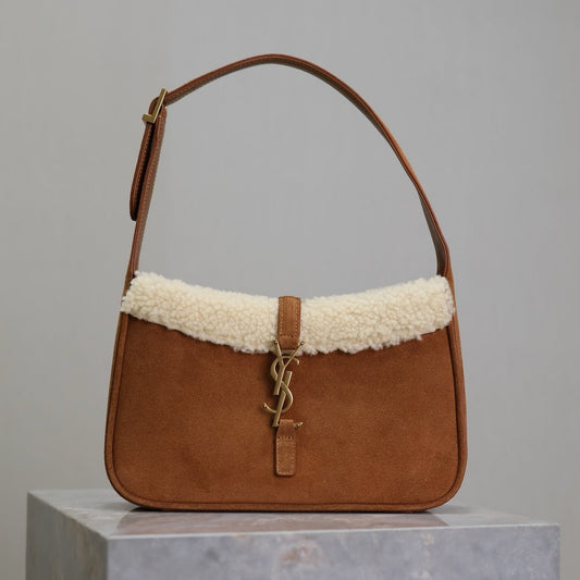 Luxury Saint Laurent LE 5 À 7 SHOULDER BAG 25 IN BROWNIE SUEDE AND WHITE SHEARLING TRIM
