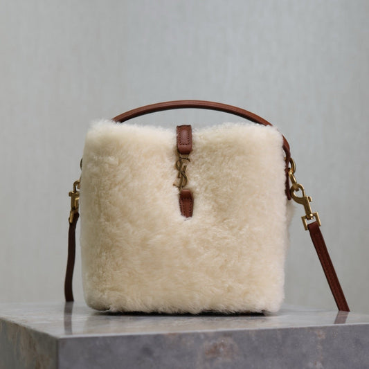 Luxury Saint Laurent LE 37 MINI BUCKET BAG 15 IN CREAM SHEARLING AND BROWN LEATHER TRIM